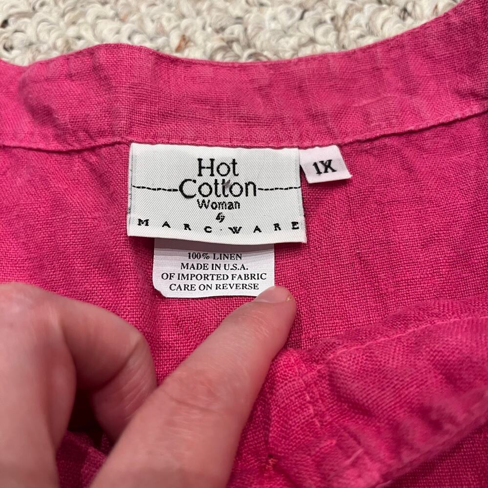 Hot Cotton Raspberry Red Linen Button Accent Blouse - Picture 2 of 6